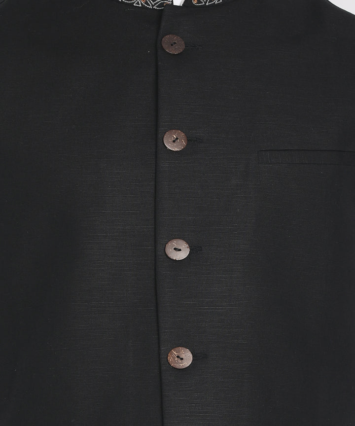 Black handwoven half sleeves cotton nehru jacket