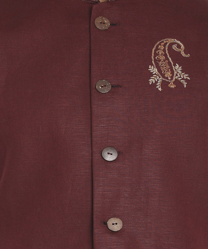 Maroon handwoven half sleeves cotton nehru jacket