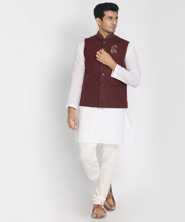 Maroon handwoven half sleeves cotton nehru jacket