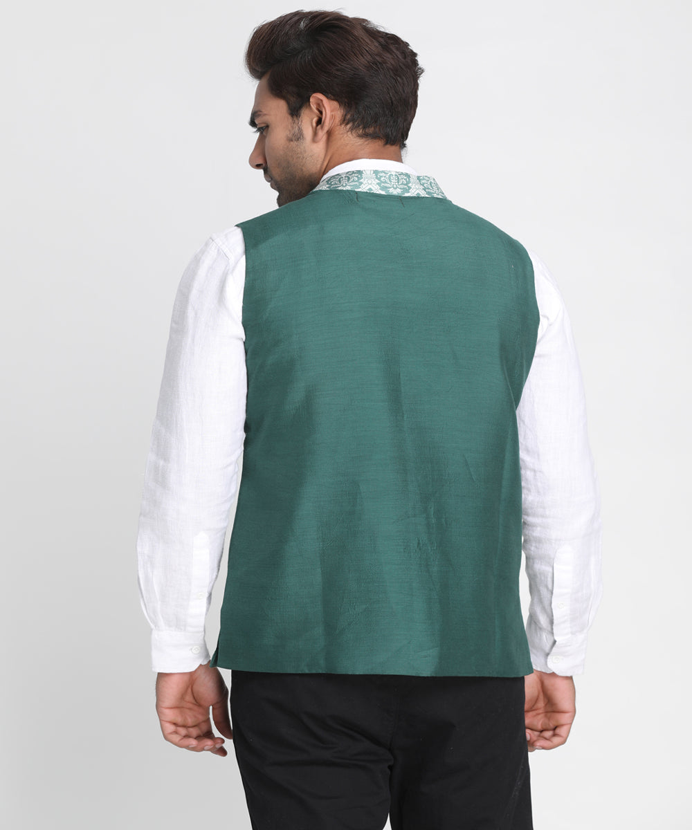 Green handwoven half sleeves cotton nehru jacket