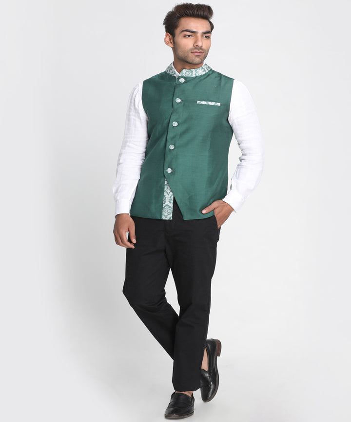 Green handwoven half sleeves cotton nehru jacket