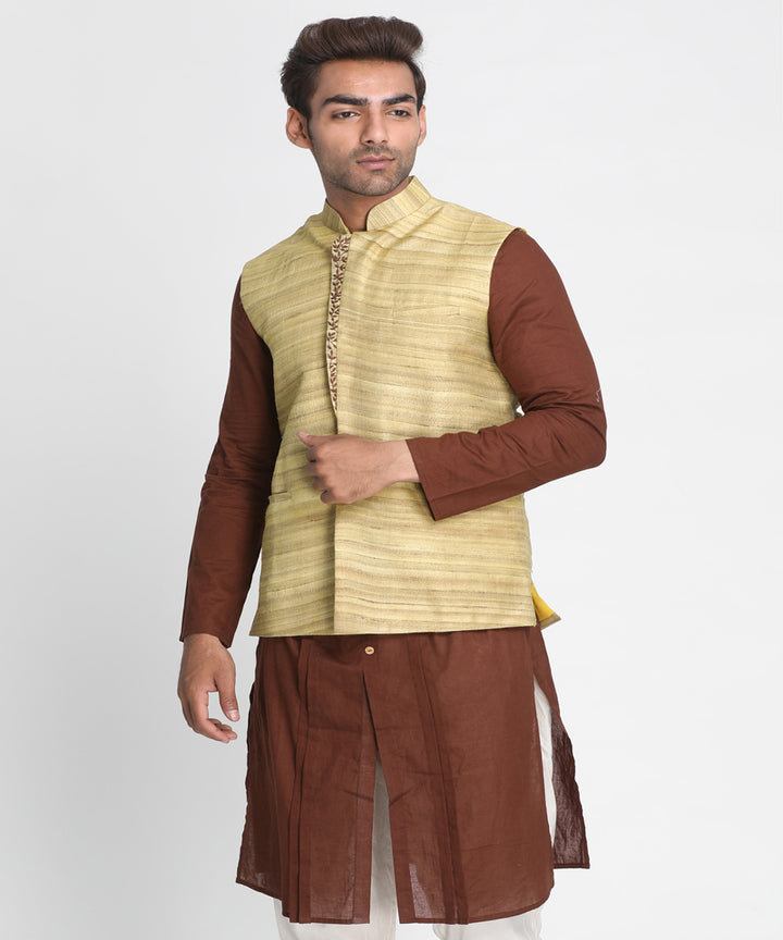 Beige handwoven half sleeves cotton nehru jacket