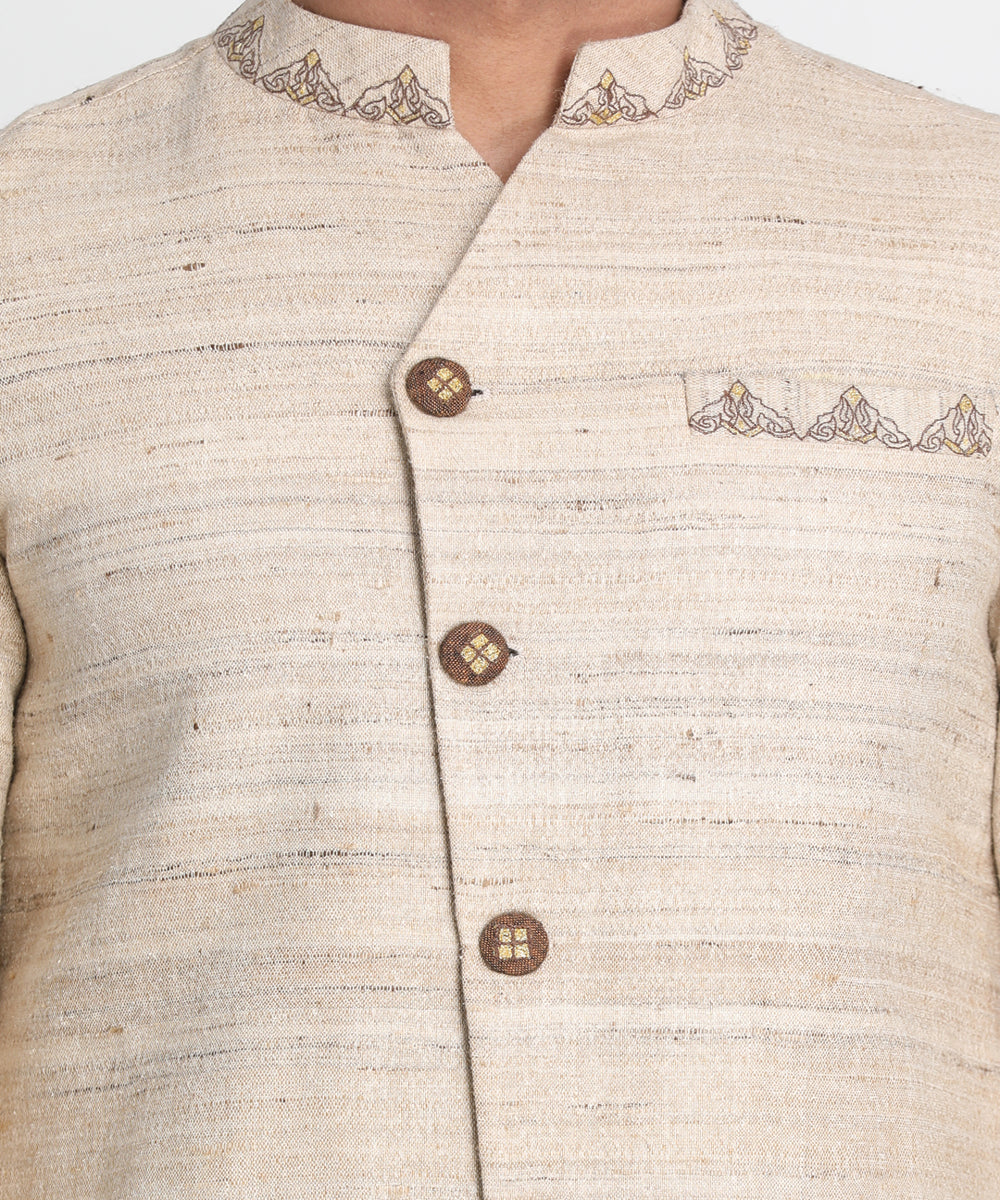 Beige handwoven cotton embriodered sherwani
