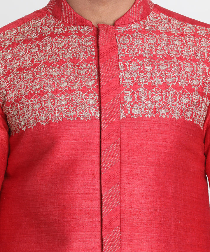 Red handwoven cotton embriodered sherwani