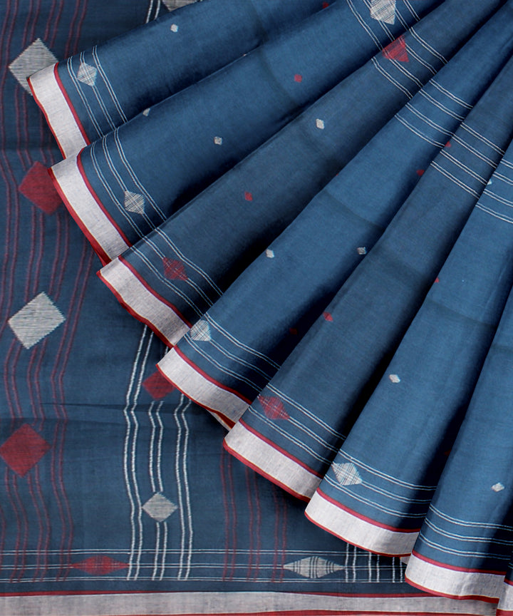 Blue maroon handloom jamdani cotton saree