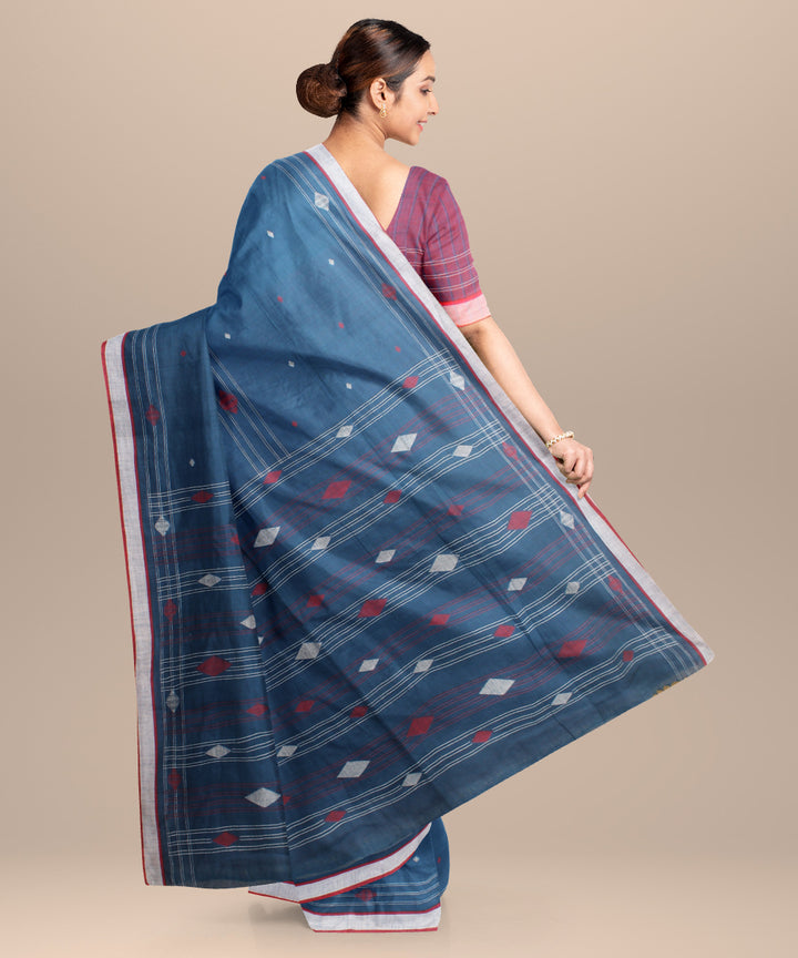 Blue maroon handloom jamdani cotton saree