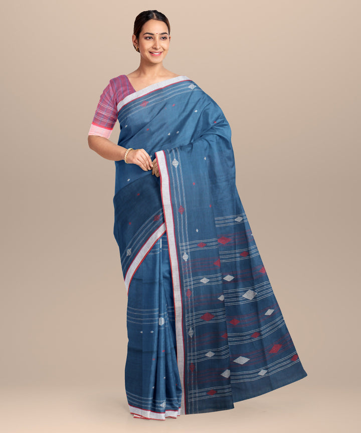 Blue maroon handloom jamdani cotton saree
