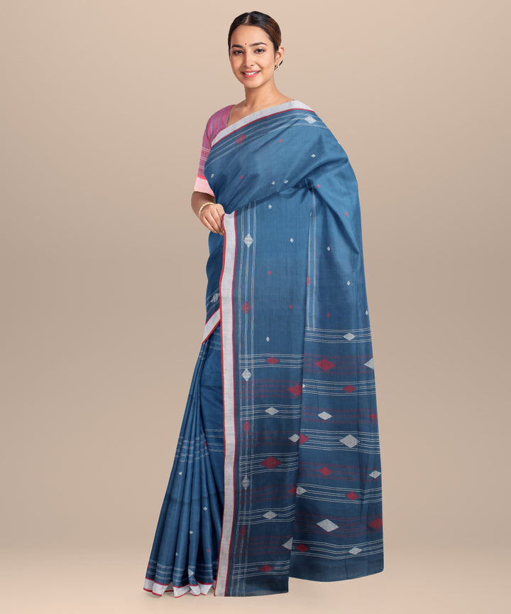 Blue maroon handloom jamdani cotton saree