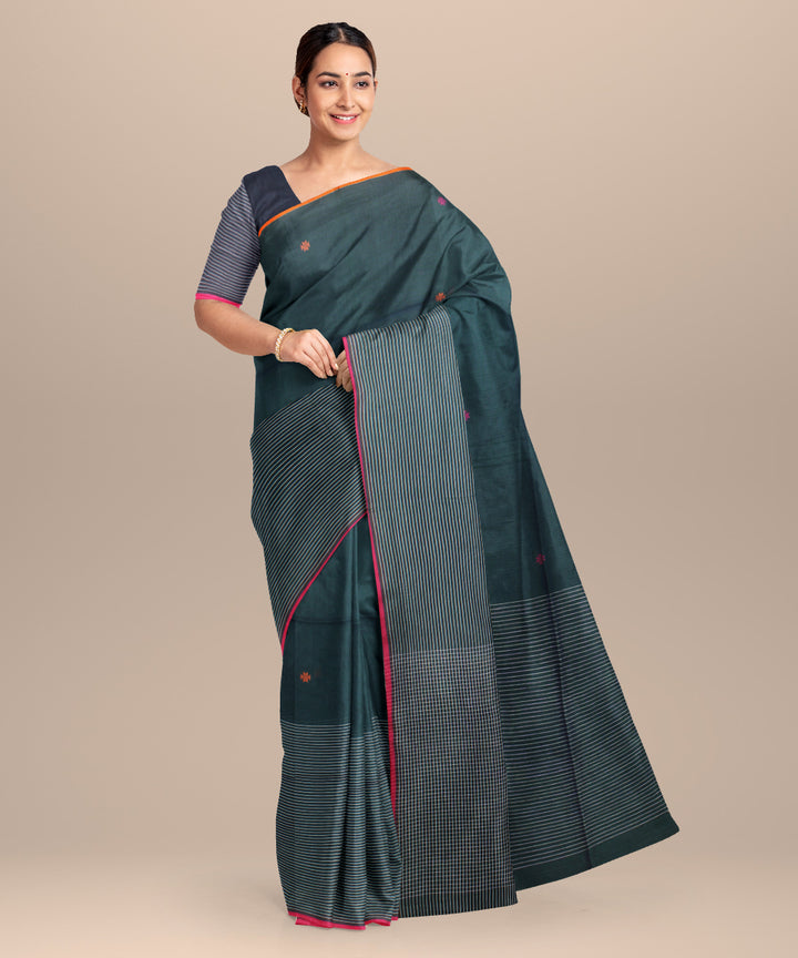 Dark green pink handloom jamdani cotton saree