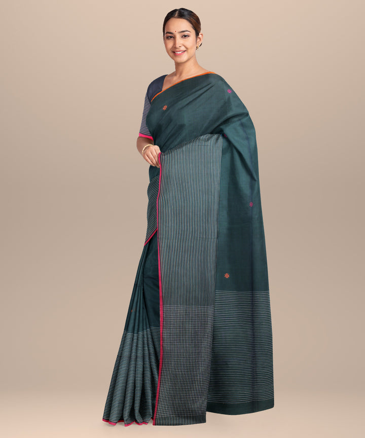 Dark green pink handloom jamdani cotton saree