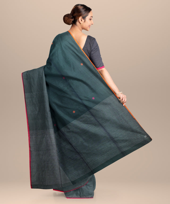 Dark green pink handloom jamdani cotton saree