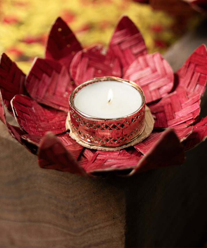 Red lotus handcrafted bamboo tea light holder