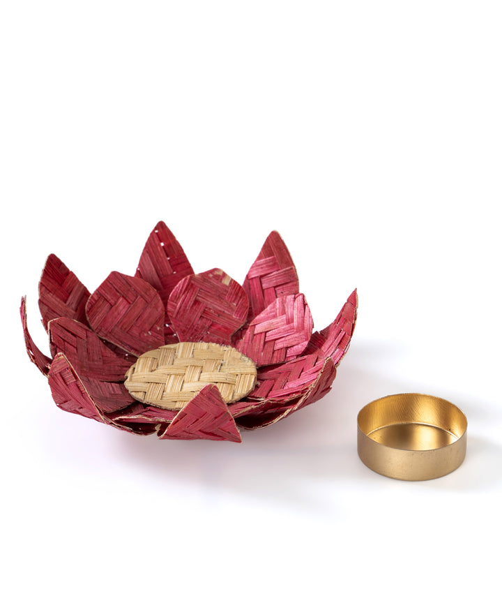 Red lotus handcrafted bamboo tea light holder