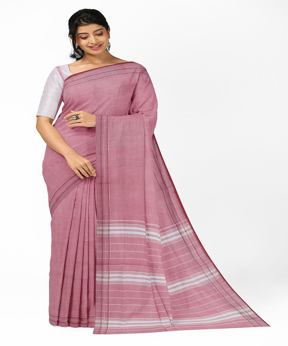 Pink offwhite handwoven cotton bandar saree