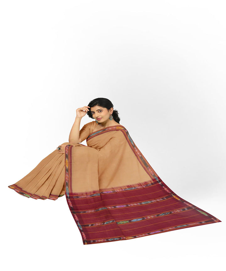 Light brown maroon handwoven cotton bandar saree