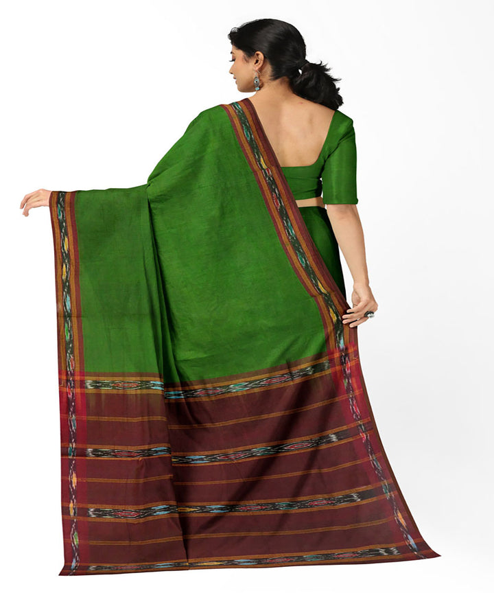 Green brown handwoven cotton bandar saree