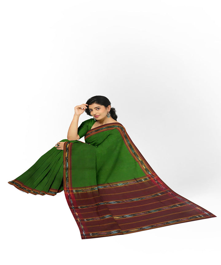 Green brown handwoven cotton bandar saree