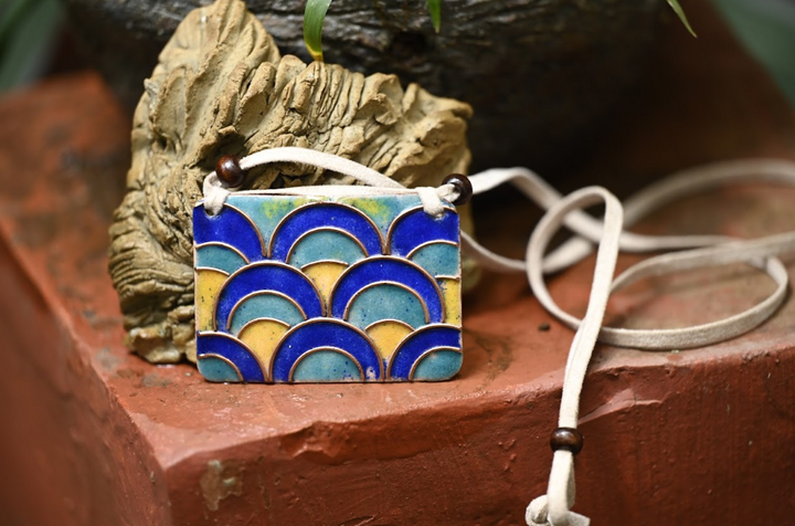 Multicolor copper enamel pendant with faux leather string wooden beads