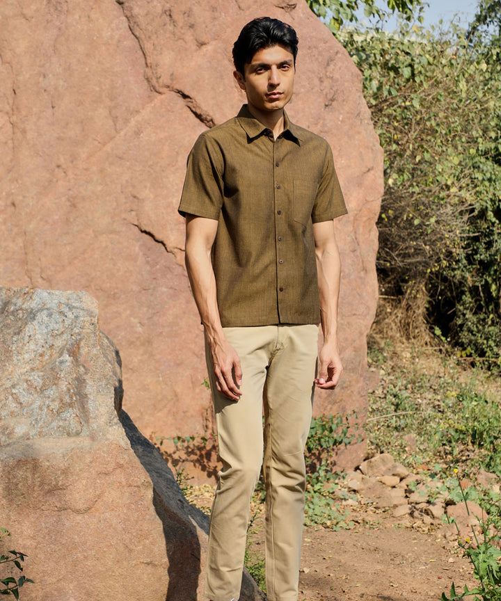 Ronin olive green handcrafted cotton half sleeve shirt