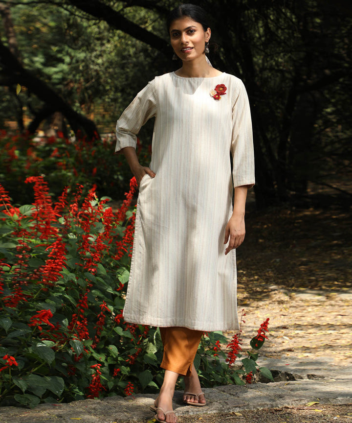 Rangsutra Arka cotton offwhite three quarter sleeve straight kurta