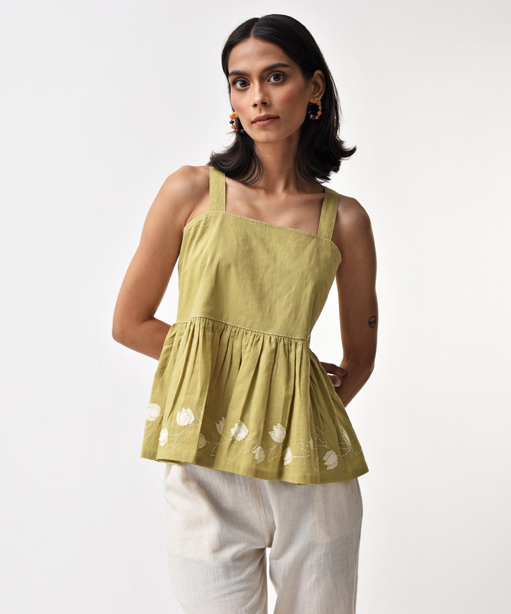 Olive handwoven applique cotton strappy top