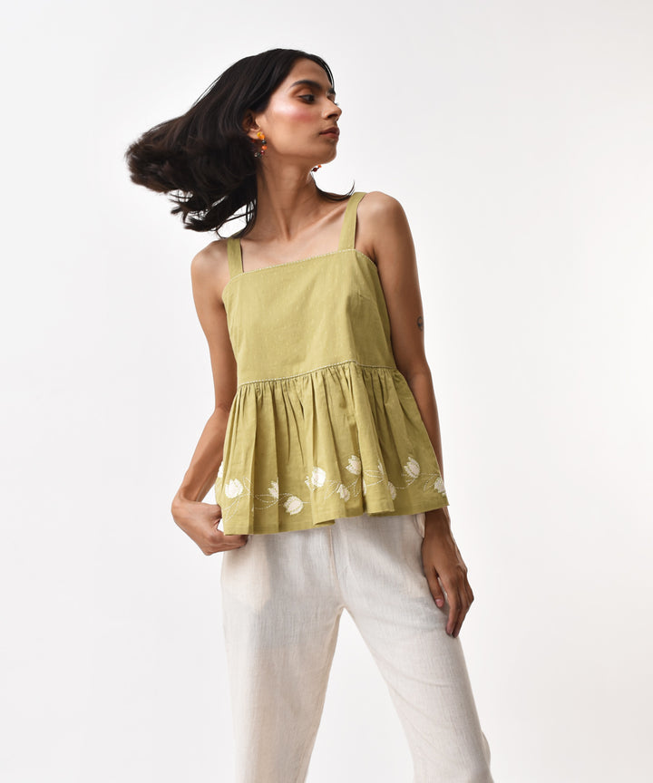 Olive handwoven applique cotton strappy top