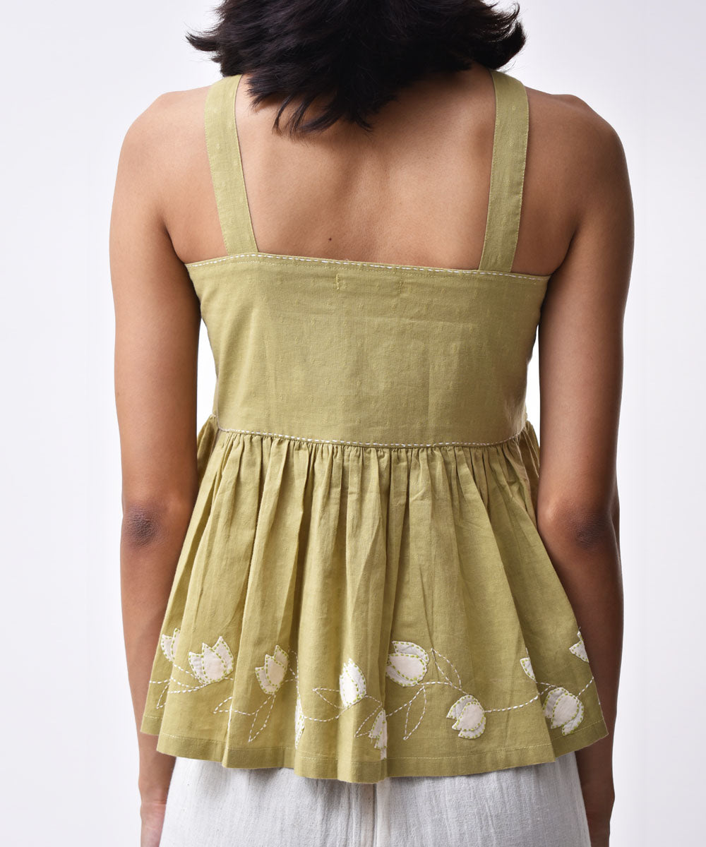 Olive handwoven applique cotton strappy top