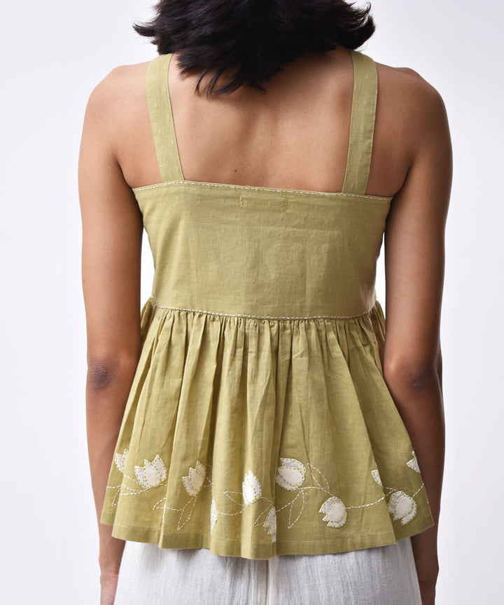 Olive handwoven applique cotton strappy top