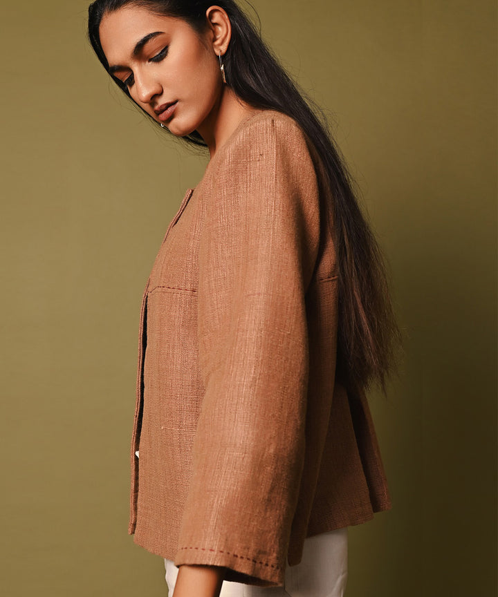 Beige handwoven woolen round neck jacket