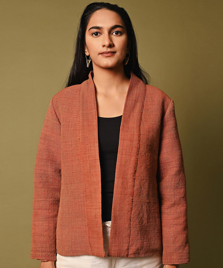 Red handwoven woolen shawl collar jacket