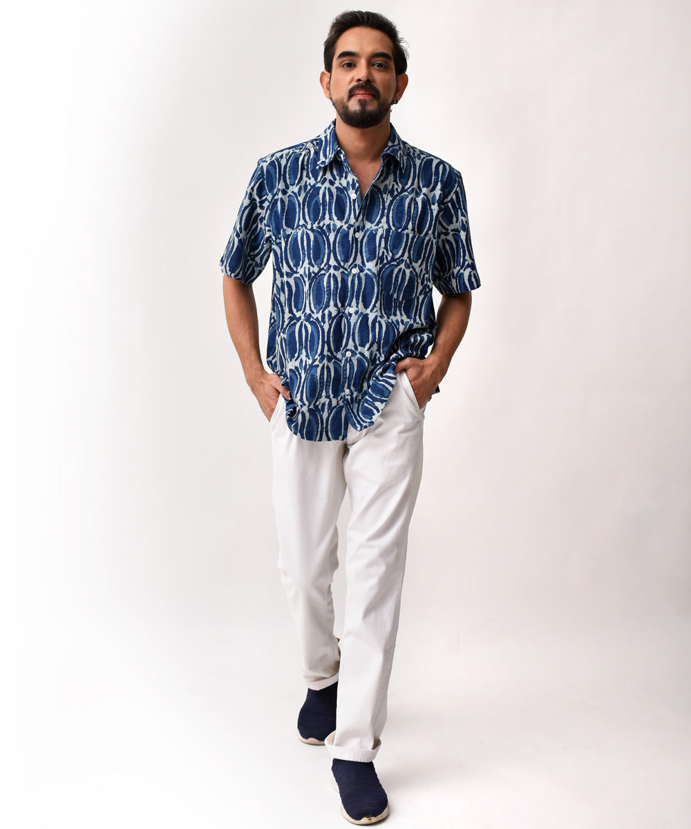 Indigo handblock cotton half sleeves men's shirt