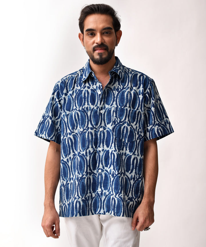 Indigo handblock cotton half sleeves men's shirt