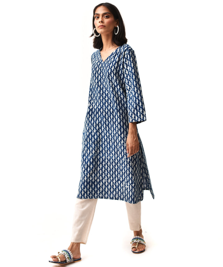 Indigo handblock cotton three quater V-neck kurta