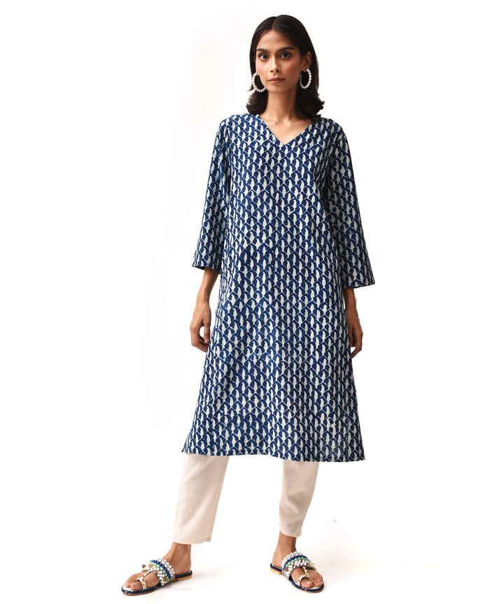 Indigo handblock cotton three quater V-neck kurta