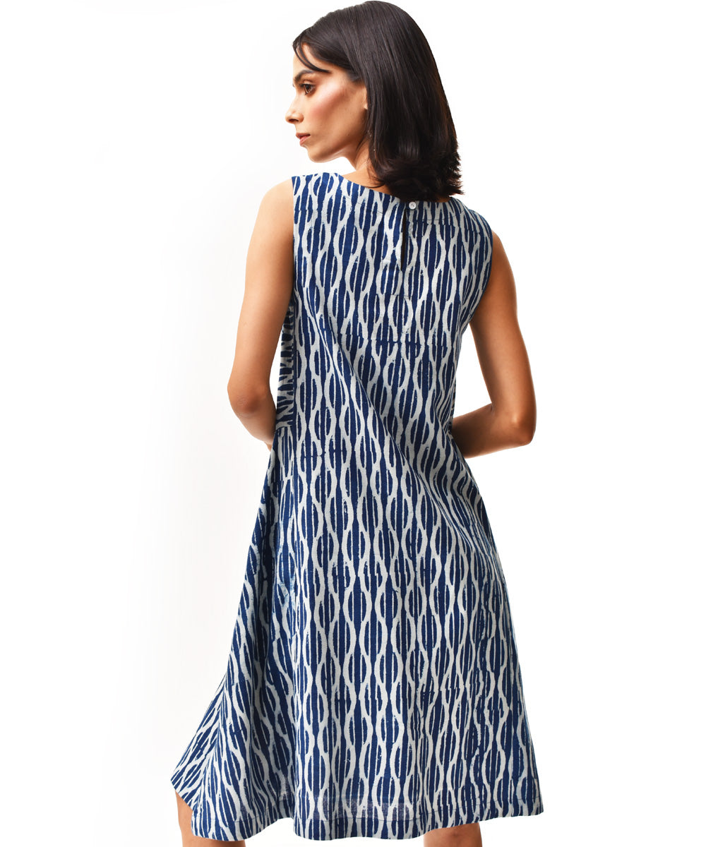 Indigo handblock cotton sleeveless A-line dress