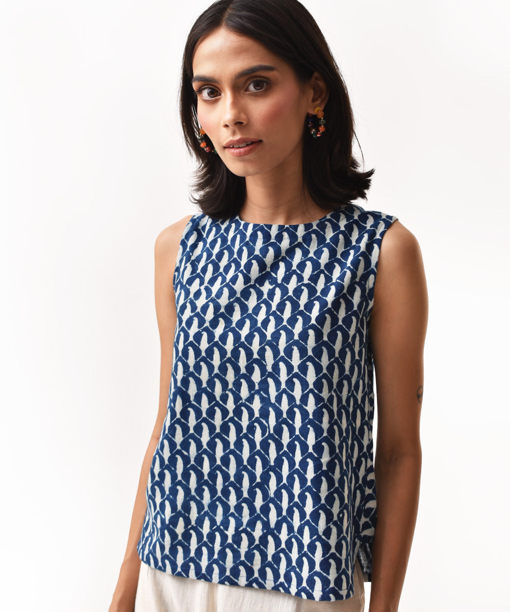 Indigo hand block cotton sleeveless round neck top