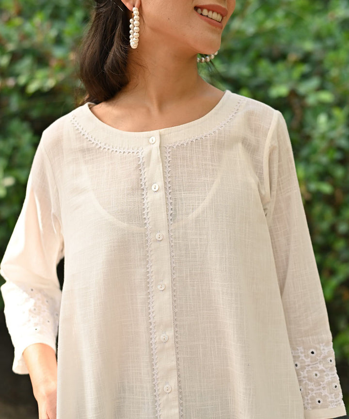 White hand embroidered cotton A line kurta