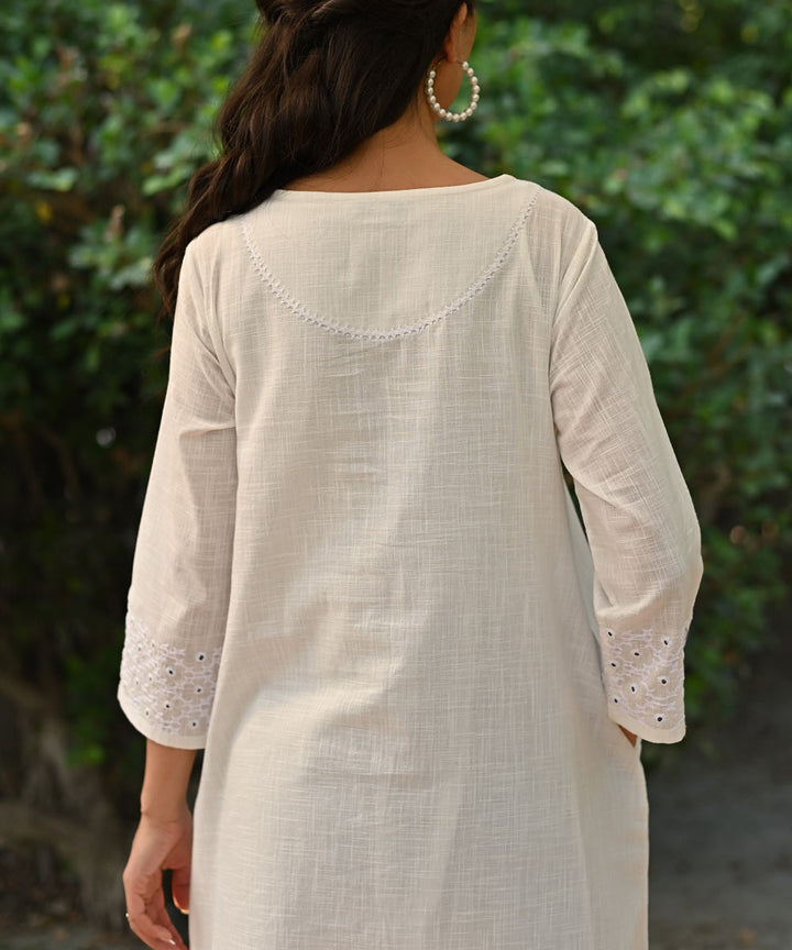 White hand embroidered cotton A line kurta