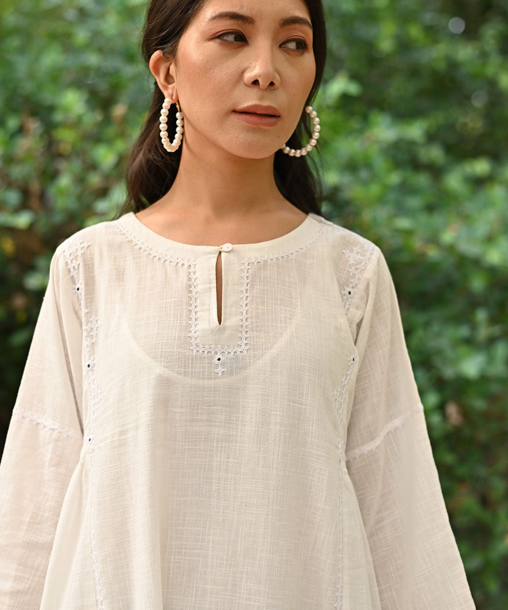 White hand embroidered cotton round neck kurta