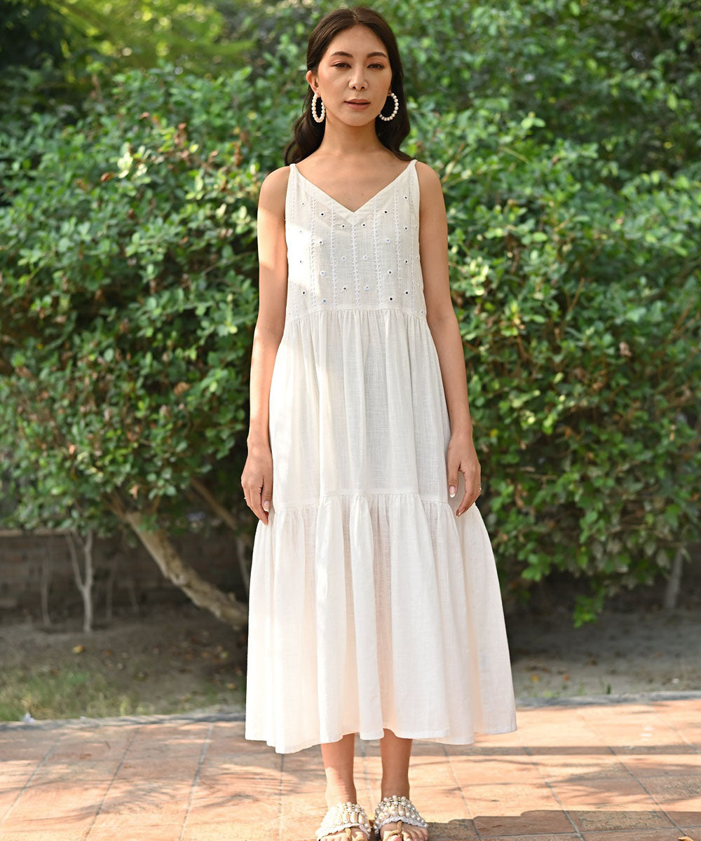White hand embroidered cotton  strappy dress