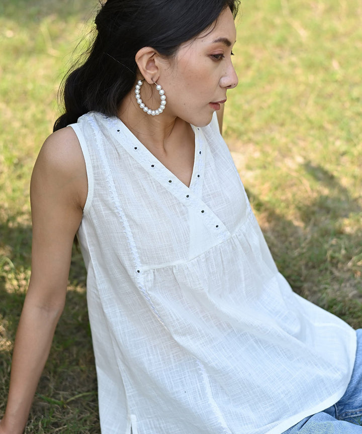 White hand embroidered cotton sleeveless top