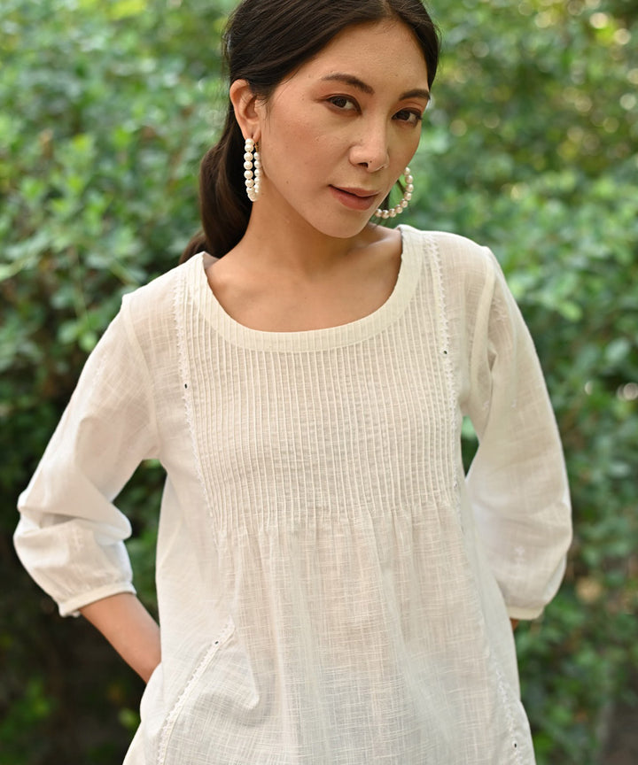 White hand embroidered cotton round neck top