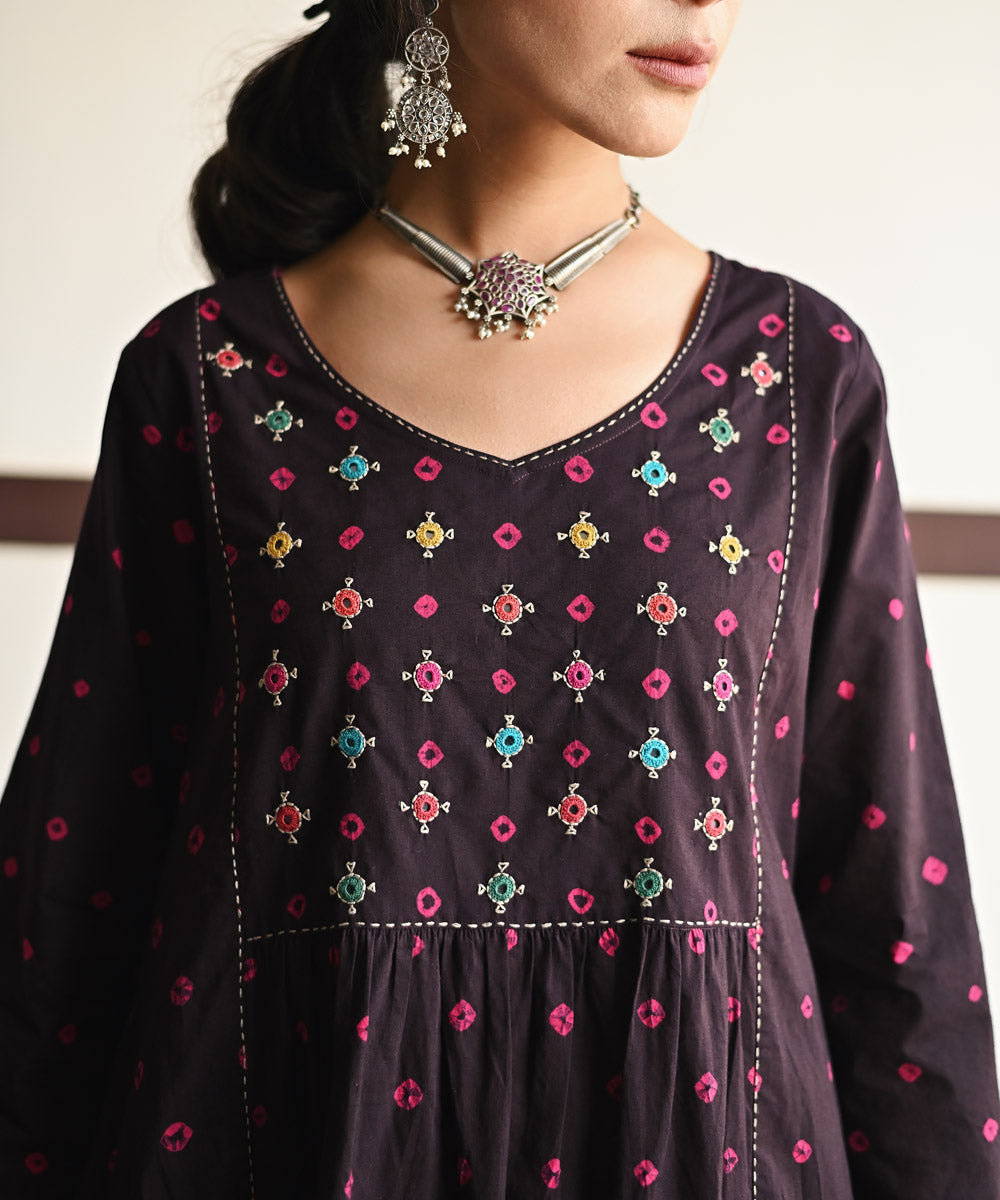 Black hand embroidered cotton bandhej kurti