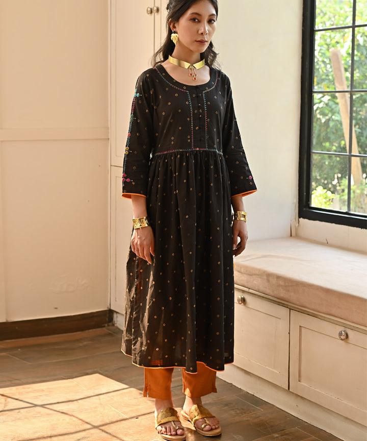 Black hand embroidered cotton bandhej 3/4 sleeves kurti