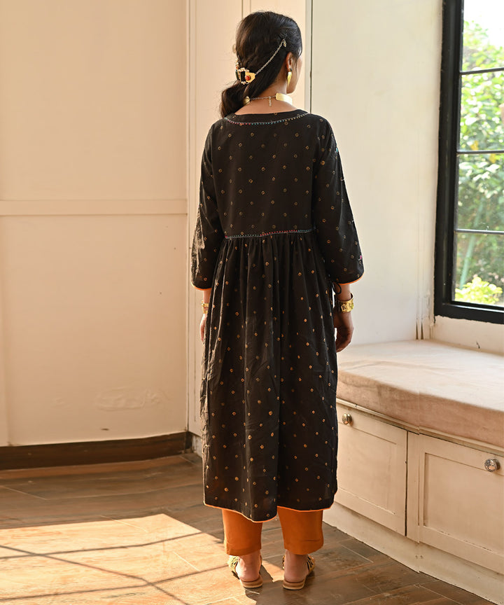 Black hand embroidered cotton bandhej 3/4 sleeves kurti