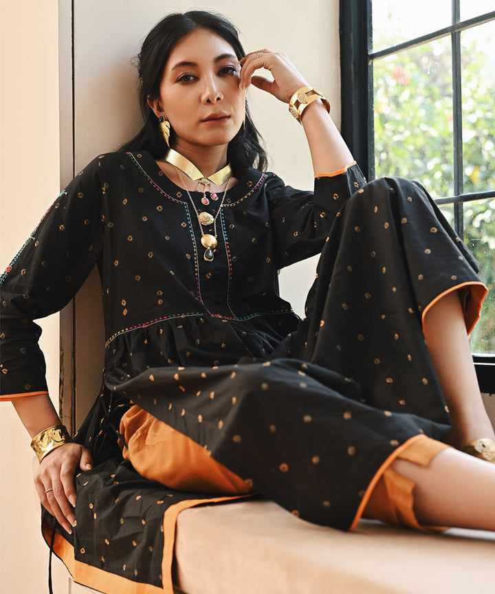 Black hand embroidered cotton bandhej 3/4 sleeves kurti