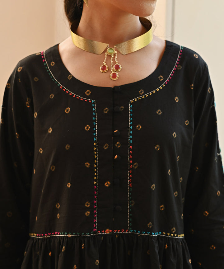 Black hand embroidered cotton bandhej 3/4 sleeves kurti