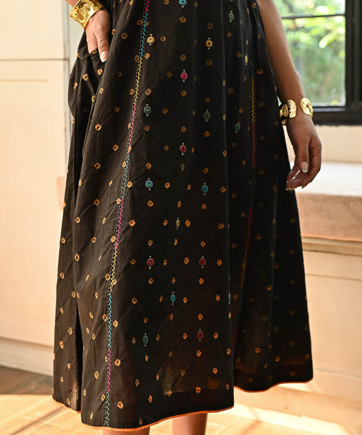 Black hand embroidered cotton bandhej dress