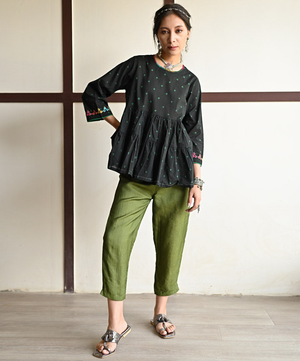 Black hand embroidered cotton bandhej top