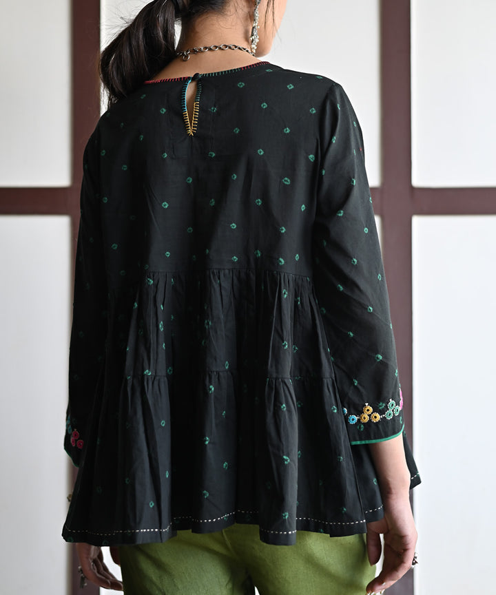 Black hand embroidered cotton bandhej top